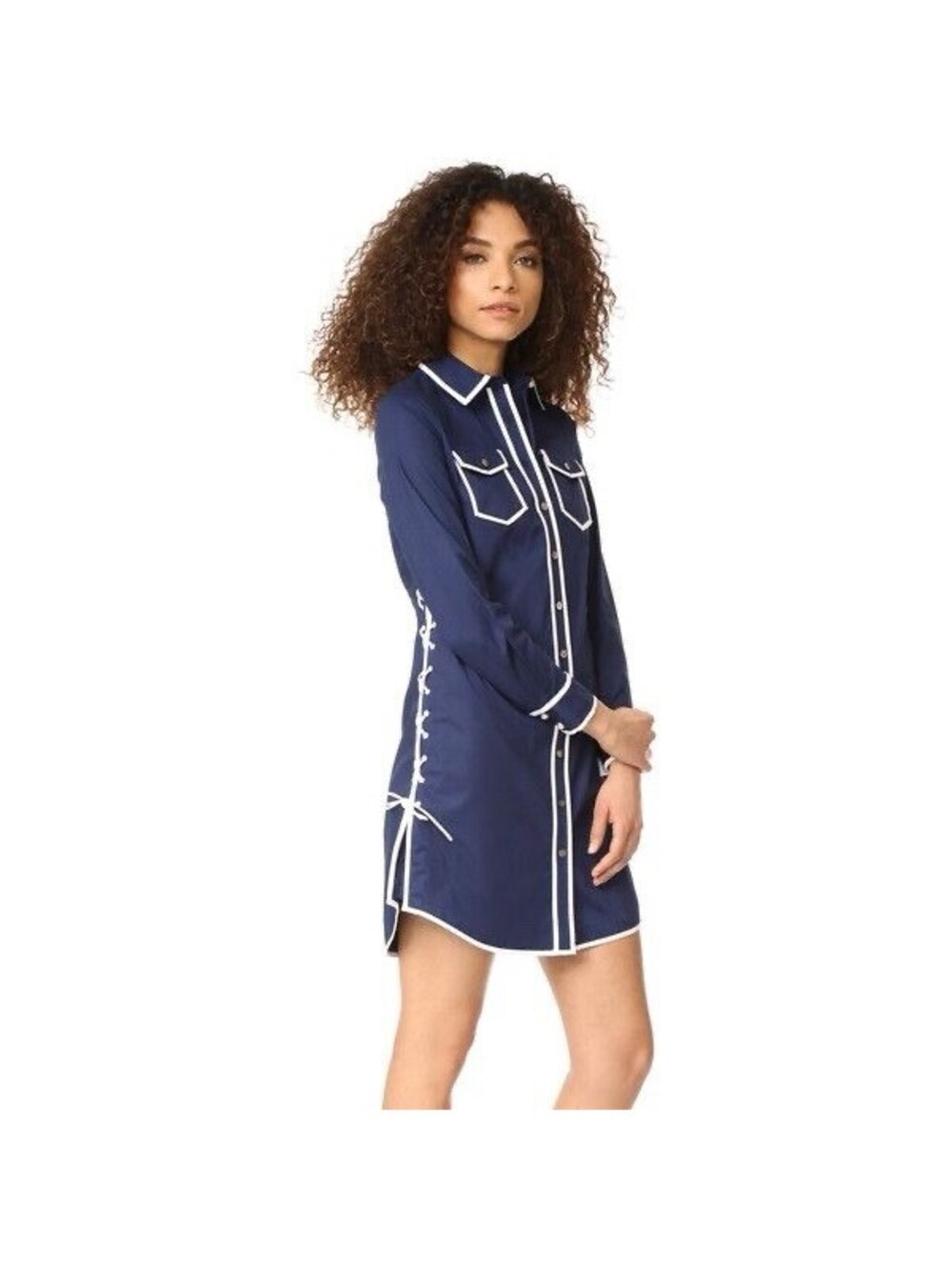 Tory Burch Nora Shirt Dress Navy Blue White Piping Lace Upside